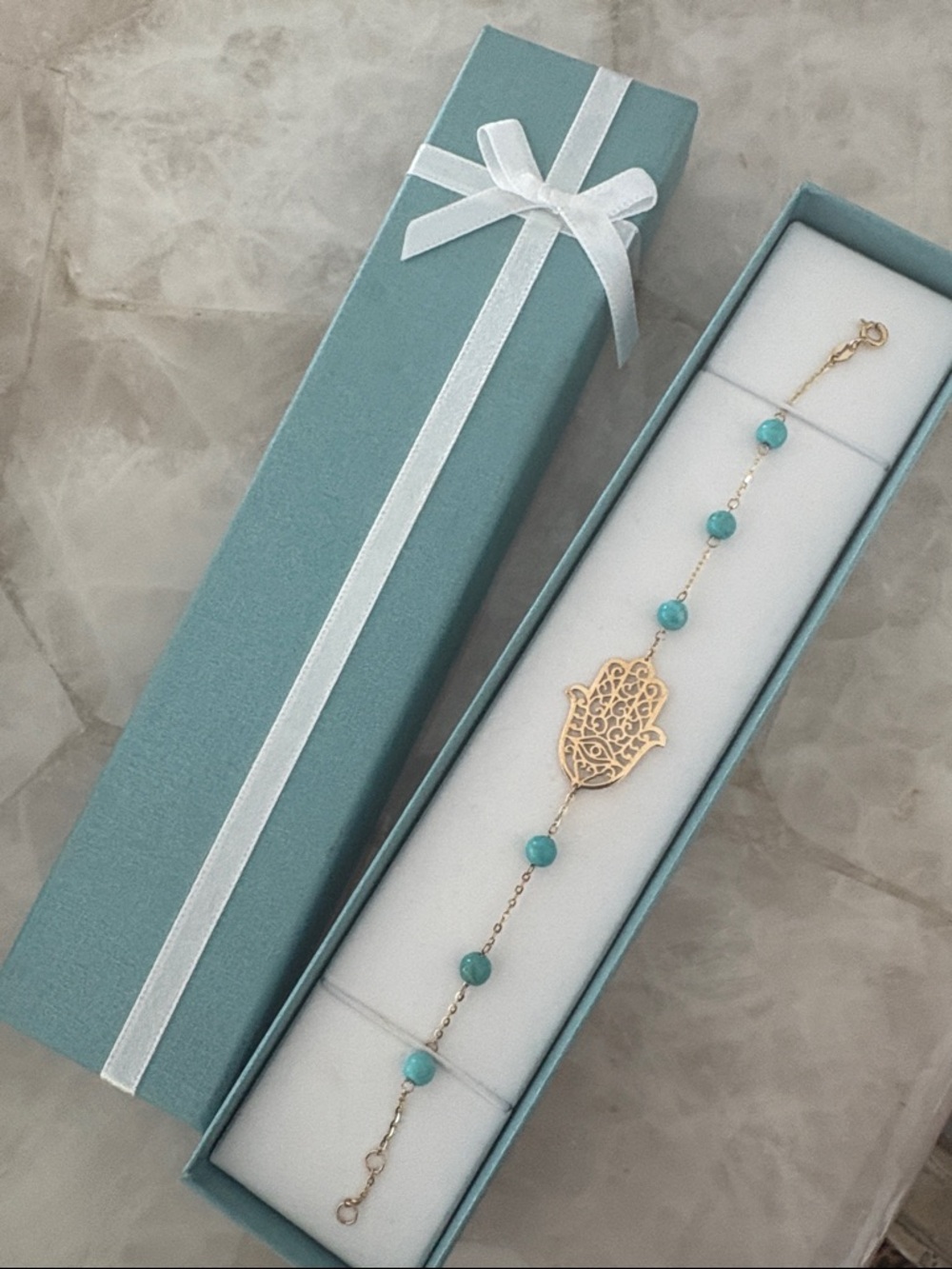 18k Gold Hamsa Hand Bracelet with Turquoise Beads